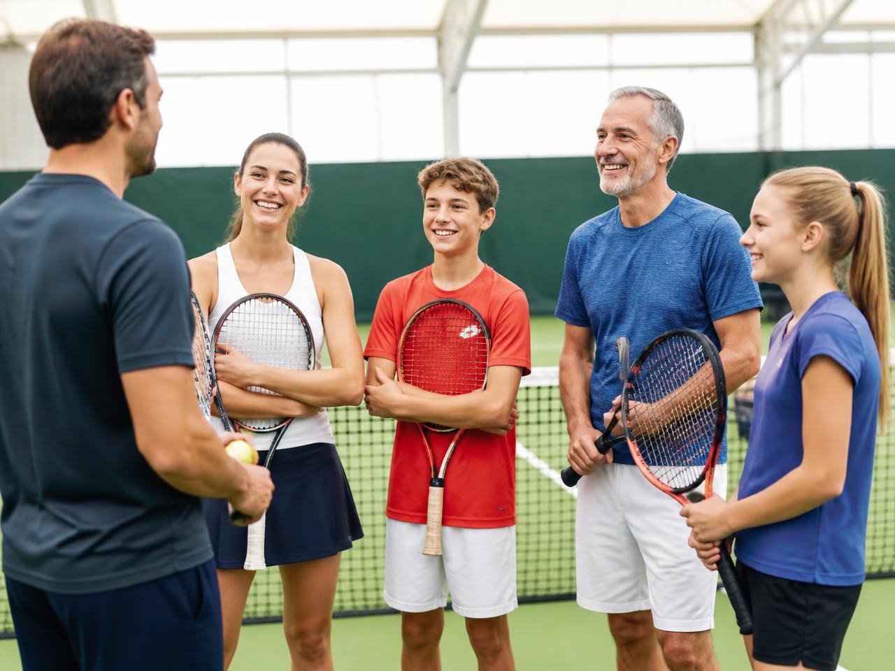 Glada elever i olika åldrar under gruppträning i tennis